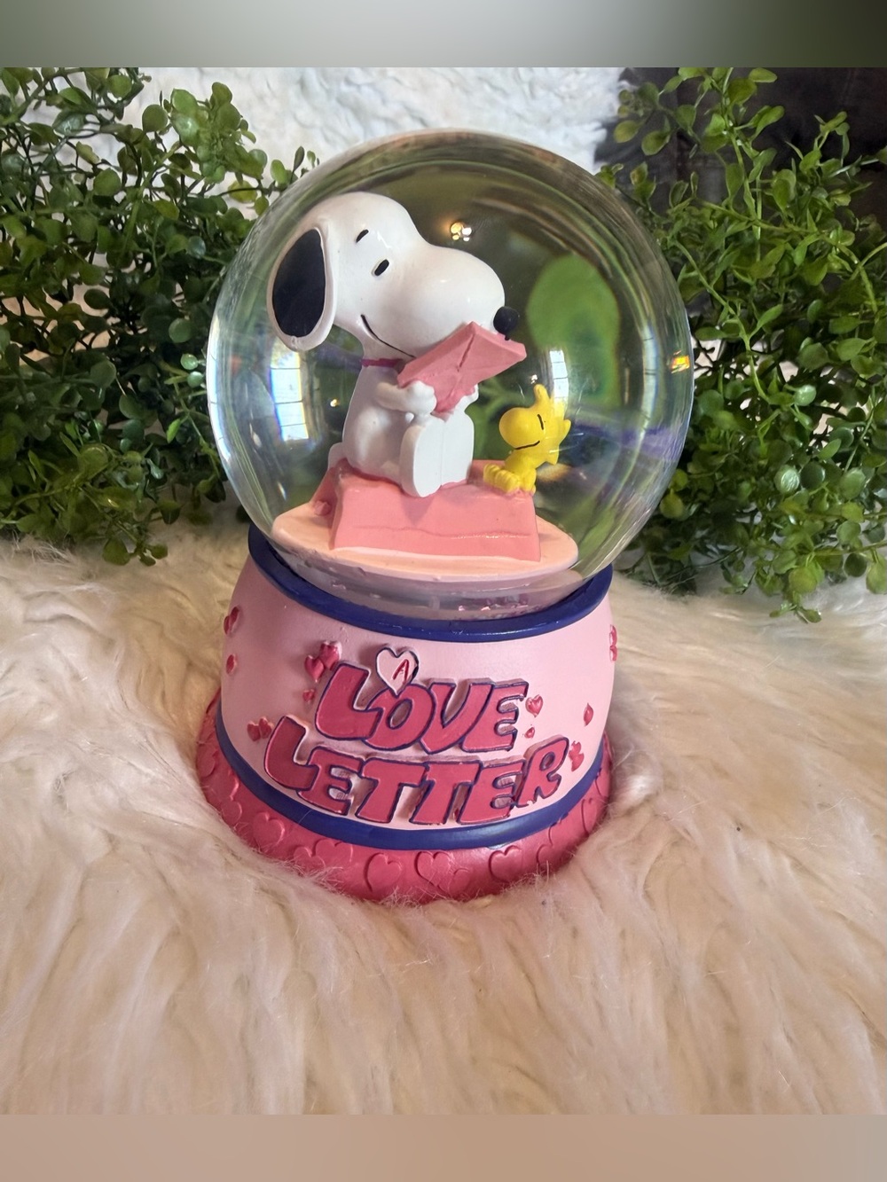 Snoopy & Woodstock Pink Love Letter Snow Globe Figurine